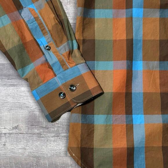 Bachrach Platinum Long Sleeve Button Down Shirt Mens S Orange Blue Check Cotton - Picture 2 of 8